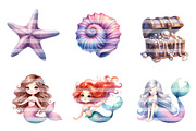 Cute mermaid watercolor clipart, an Illustration by CreationArt (Thumbnail 2 of 7)