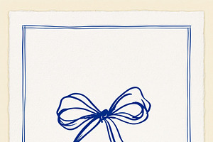 Blue ribbon bow sketch drawing on white paper with border, hand, an Illustration by Studio ANNA