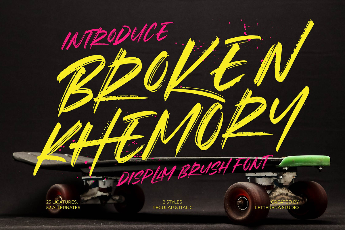 Broken Khemory Display Brush Font, a Script Font by Letterena Studios Script (Photo 1 of 15)
