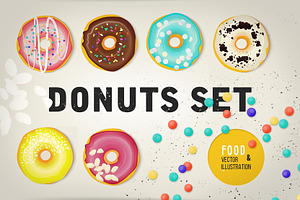 Vector set of glazed colored donuts.