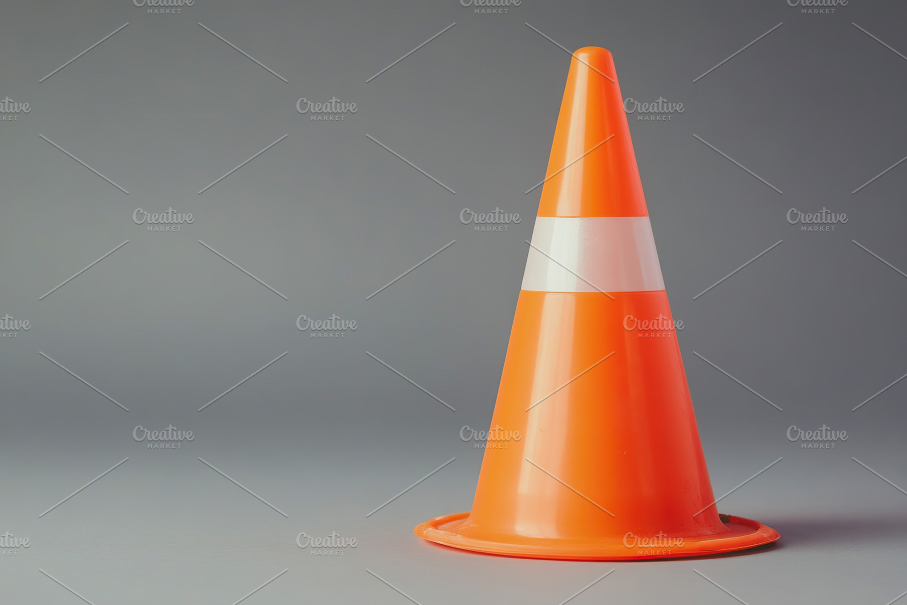 Clean orange road construction cone with reflective band on neutral background, an Industrial Photo by AlyaAnd