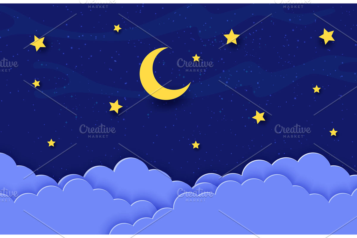 Night sky with paper cut moon, a Seasonal Illustration by Vector Tradition