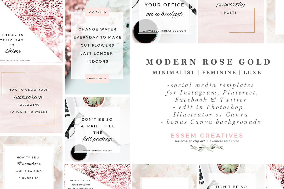 Rose Gold Social Media Templates, a Social Media Template by Essem Creatives (Photo 1 of 8)