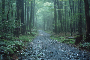 A tranquil forest with a winding path through lush green trees, a Photo by AS photostudio