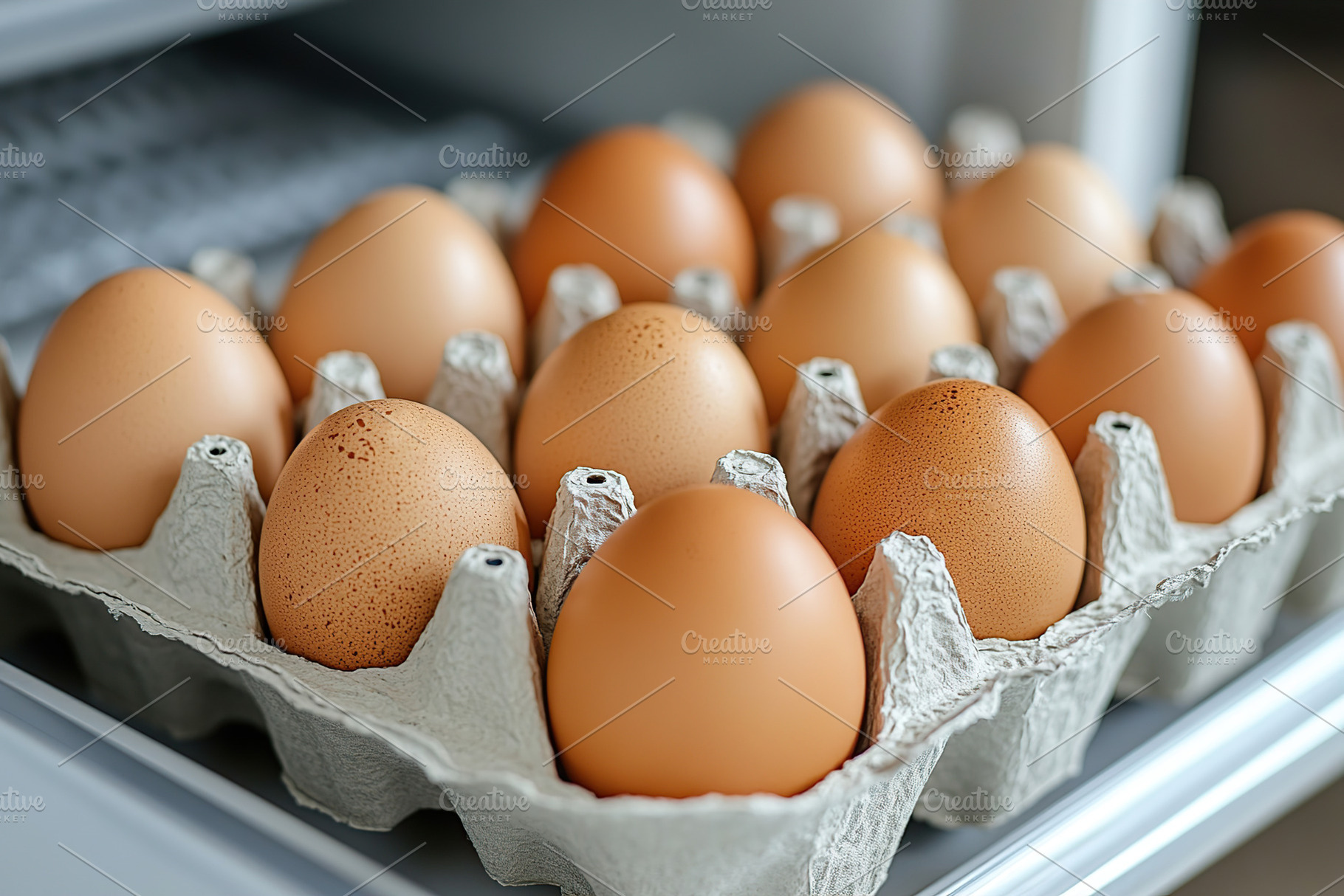 Fresh organic eggs neatly arranged in a carton placed inside a r, a Food & Drink Photo by AlyaAnd