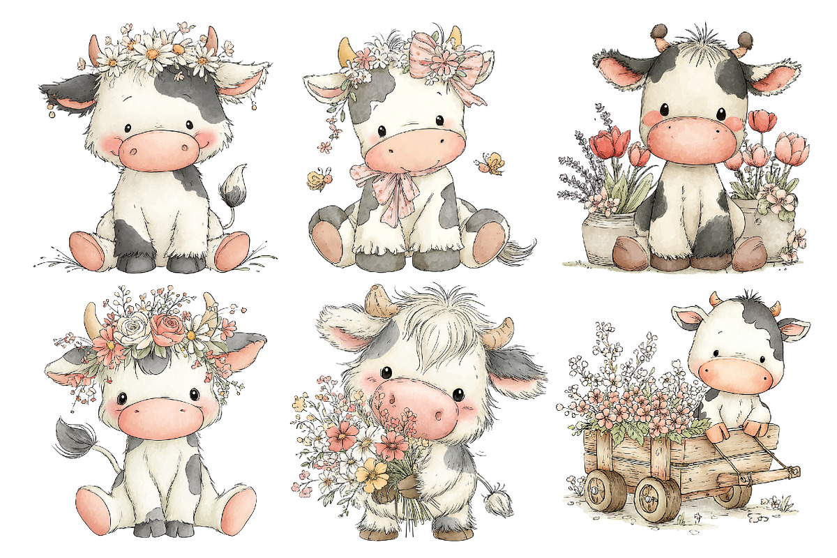 Watercolor Cute Cow Clipart, an Animal Illustration by Creative Art (Photo 6 of 7)