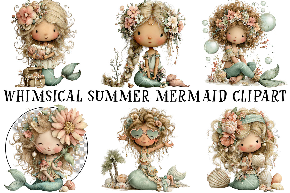 Whimsical Summer Mermaid Clipart, an Illustration by OK Design (Photo 2 of 6)