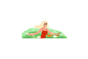 Happy blond woman lying in green, an Illustration by pikepicture