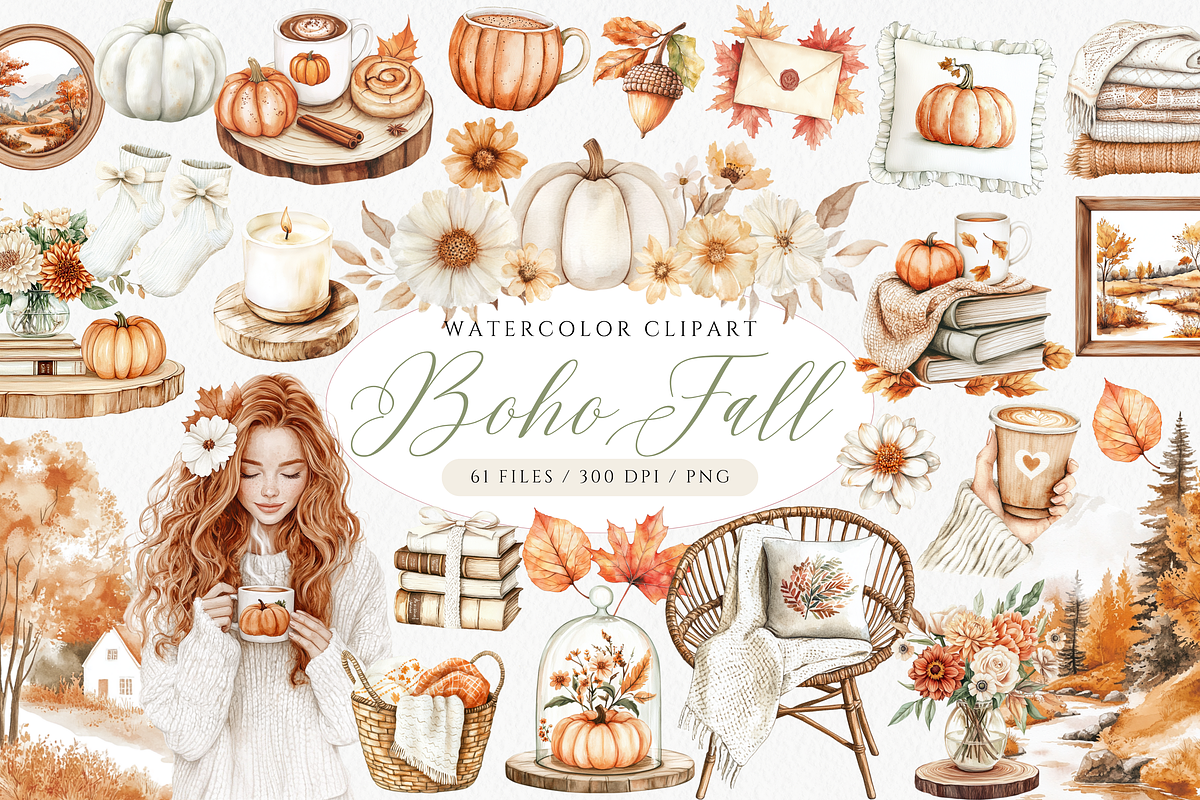Boho Fall Clipart Bundle, a Seasonal Illustration by ClipArtCharm (Photo 1 of 6)