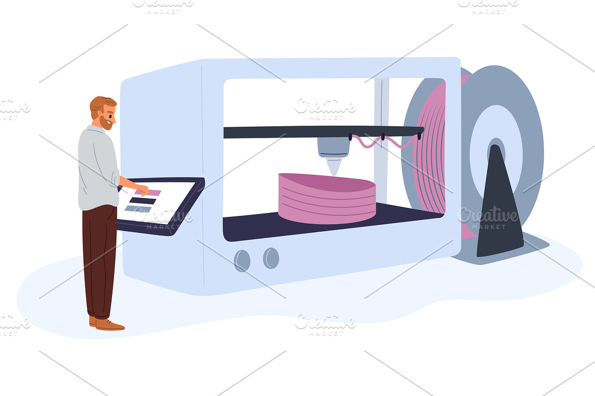 Male engineer stands at 3D printer, a Person Illustration by Vectorbuum