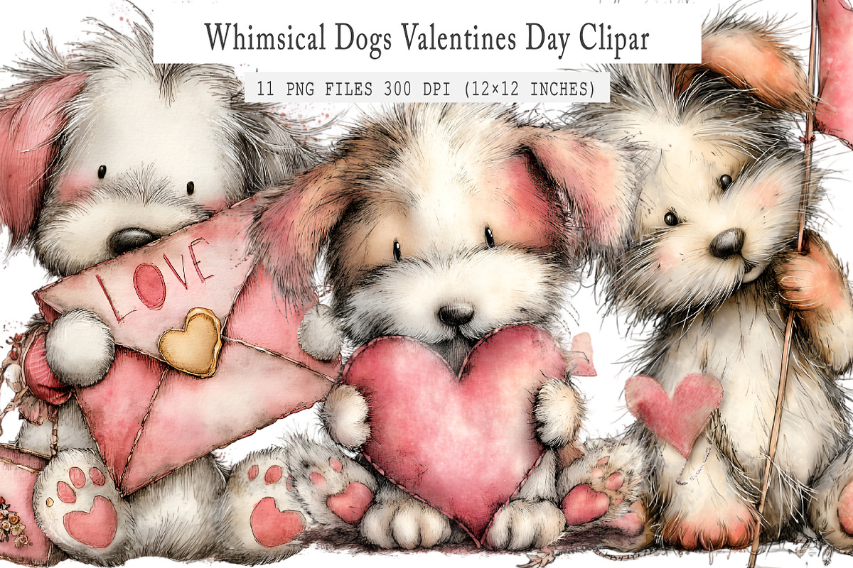 Whimsical Dogs Valentines Day Clipar, an Illustration by GatewayDesign (Photo 1 of 3)