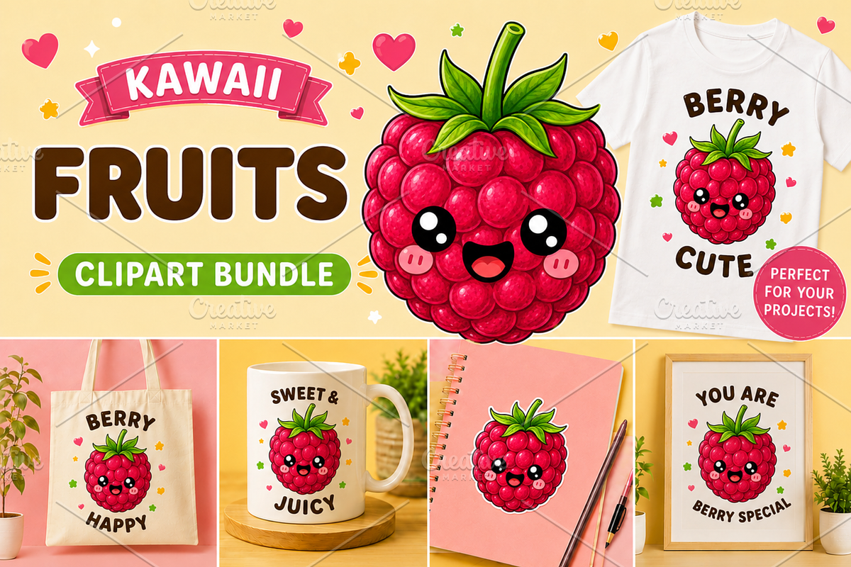 Cute Kawaii Fruits Clipart Bundle, a Food Illustration by QM_ART (Photo 3 of 4)