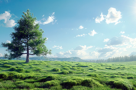 Lush green field under blue skies wi, a Photo by LOGOCREATIVE