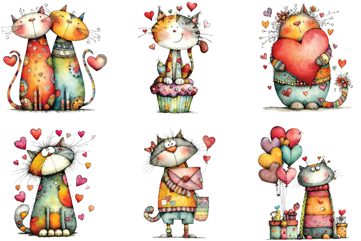 Quirky Valentine Day Cats Clipart, an Illustration by CraftArtStudio (Photo 4 of 6)