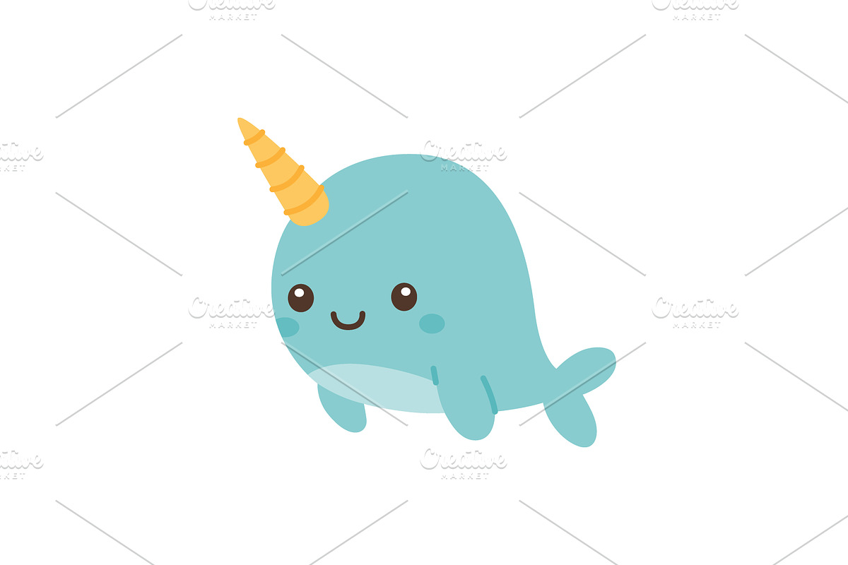 Adorable cartoon narwhal with round, an Animal Illustration by GraphiShop