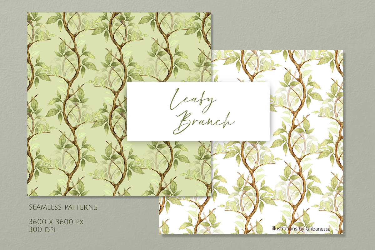 Green leafy seamless patterns, a Decorative Illustration by Gribanessa (Photo 3 of 5)