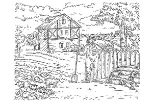 Farmer feeds pigs. Background, an Animal Illustration by MoreVector