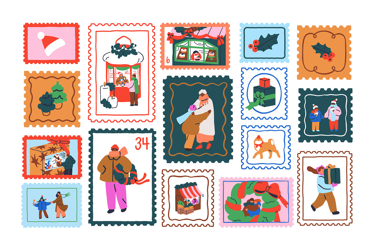 Christmas stamps, post marks set, a Seasonal Illustration by Good Studio (Photo 3 of 6)
