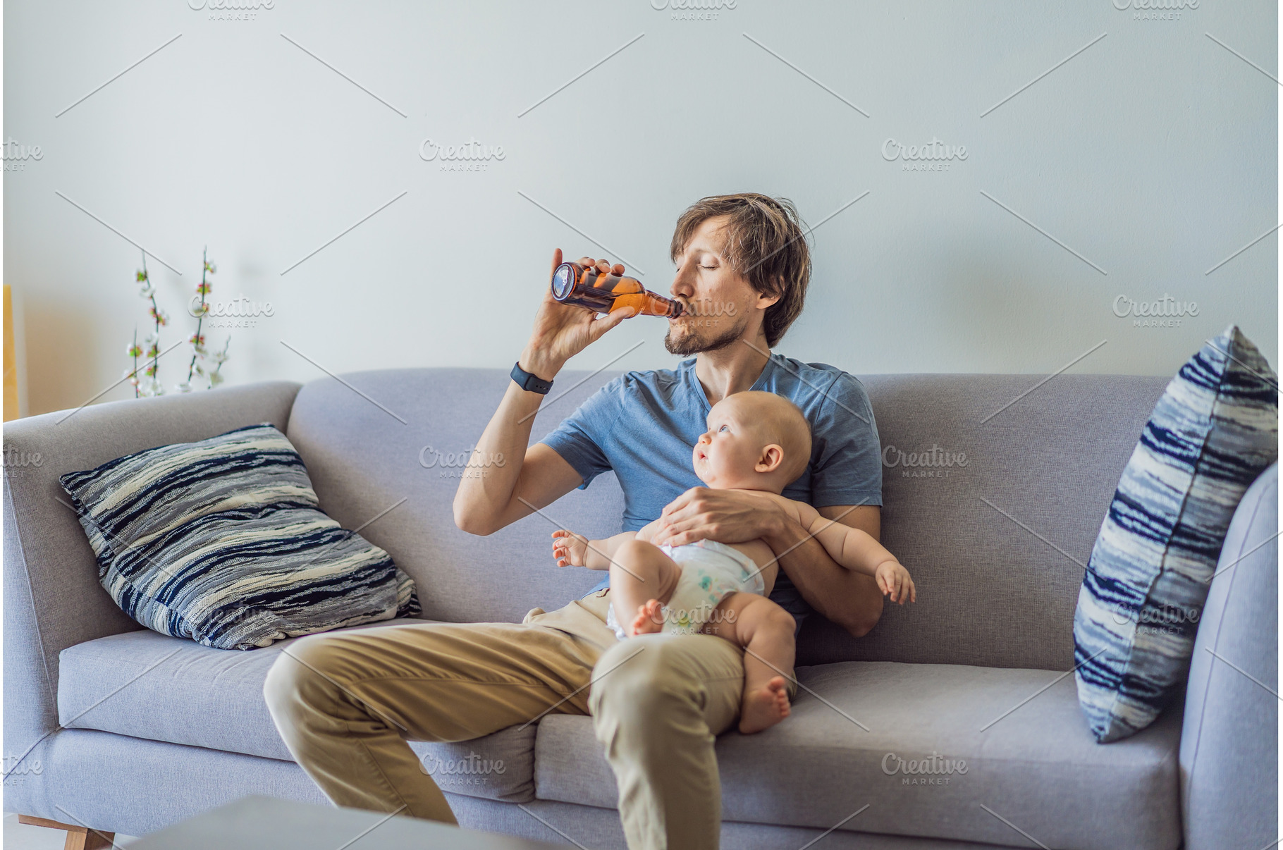 Stressed father sitting on couch, a Person Photo by Elizaveta Galitskaya