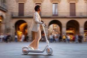 Commute by e-scooter in a bustling European plaza during the evening, a Photo by AlyaAnd