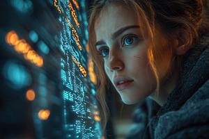 Young woman analyzing data on a holo, a Photo by Tanuart