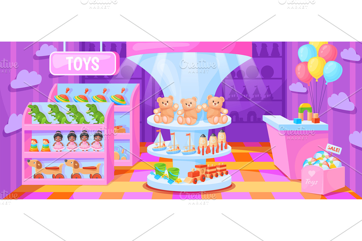 Cartoon toy store. Kids shop toys on, an Object Illustration by Stock-Smart-Start