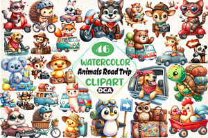 Animals Road Trip Watercolor Clipart, an Illustration by DreamCafeArt