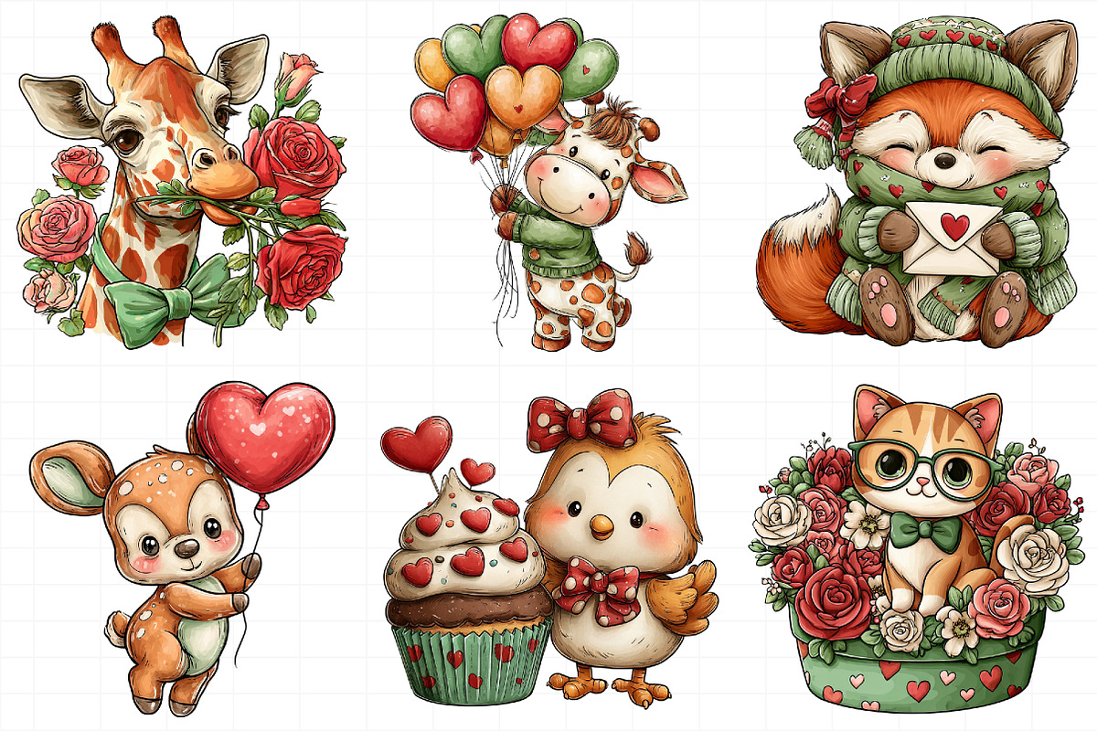 Valentine Animals Watercolor Clipart, an Illustration by Daily.Designs (Photo 7 of 8)