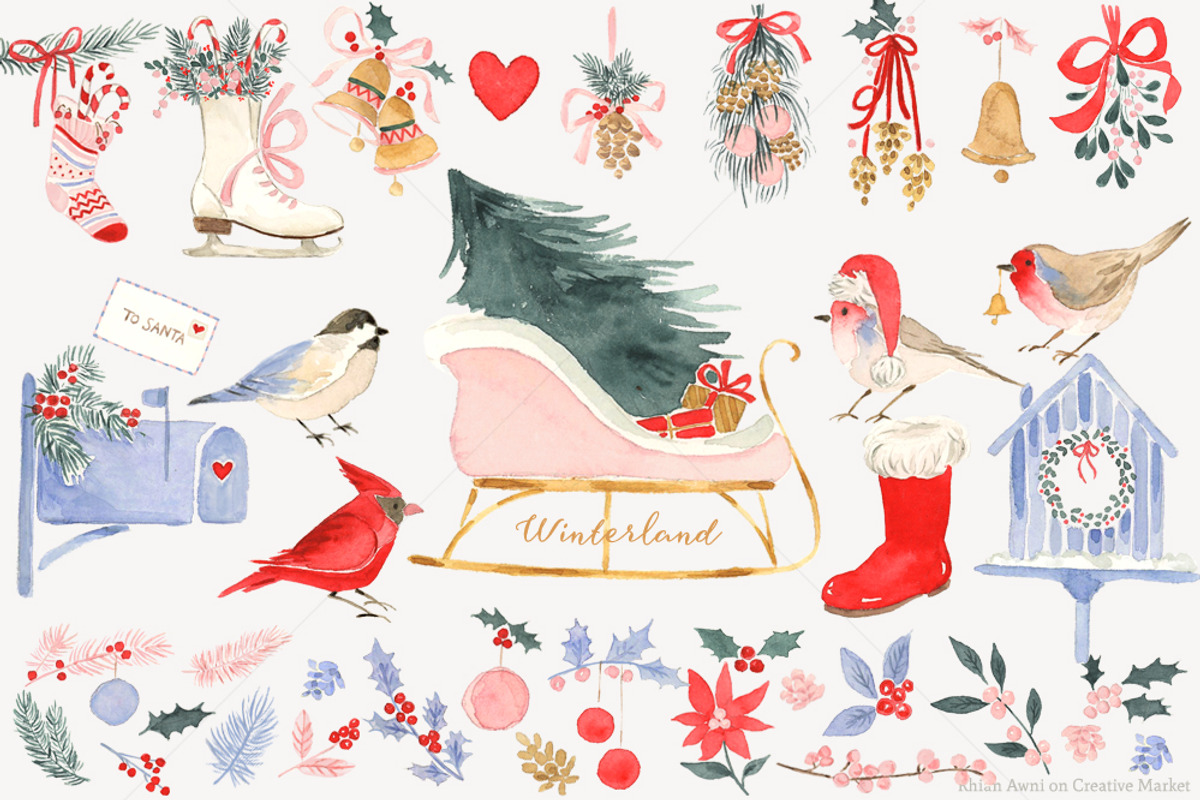 Watercolor Holiday Clipart Set, a Decorative Illustration by RhianAwni (Photo 3 of 4)
