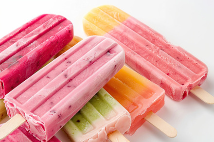 Pink ice cream popsicles on white background, a Food & Drink Photo by AlyaAnd