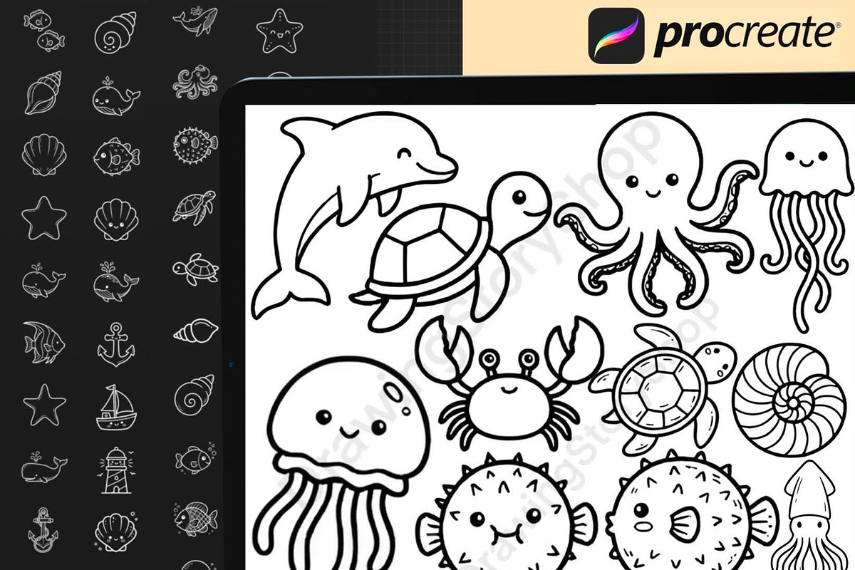 130 Ocean Animals Procreate Stamps, a Brush Add-On by DrawingStoryShop (Photo 6 of 6)