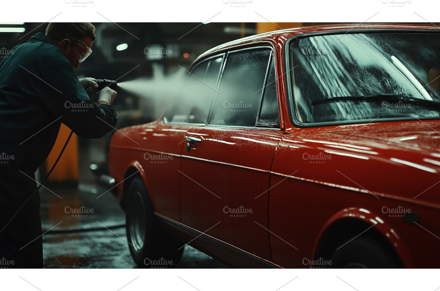 Man cleaning vintage red car with, a Person Photo by Sergey Kotenev
