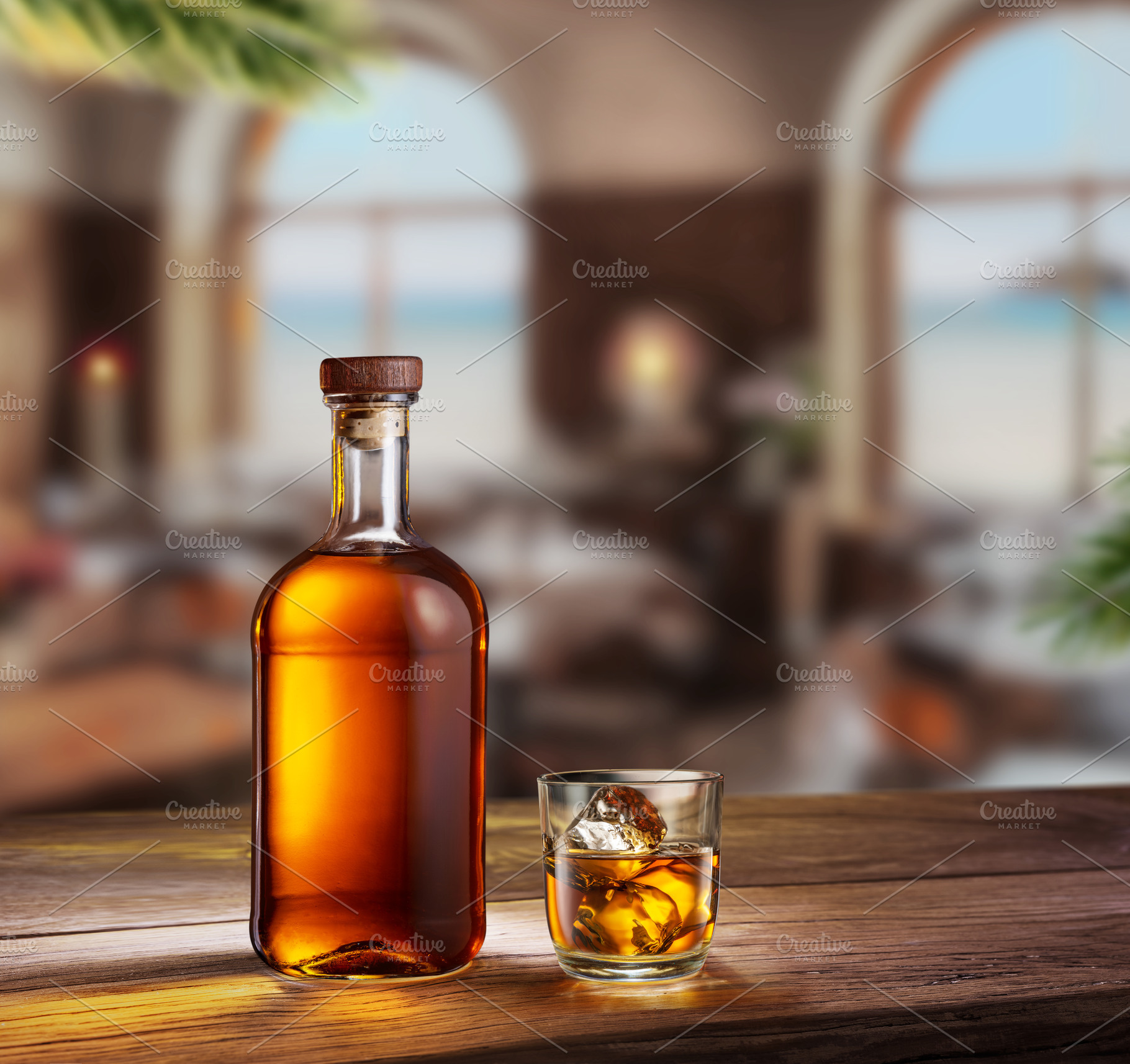 Glass of whiskey and whiskey bottle, a Food & Drink Photo by Volff