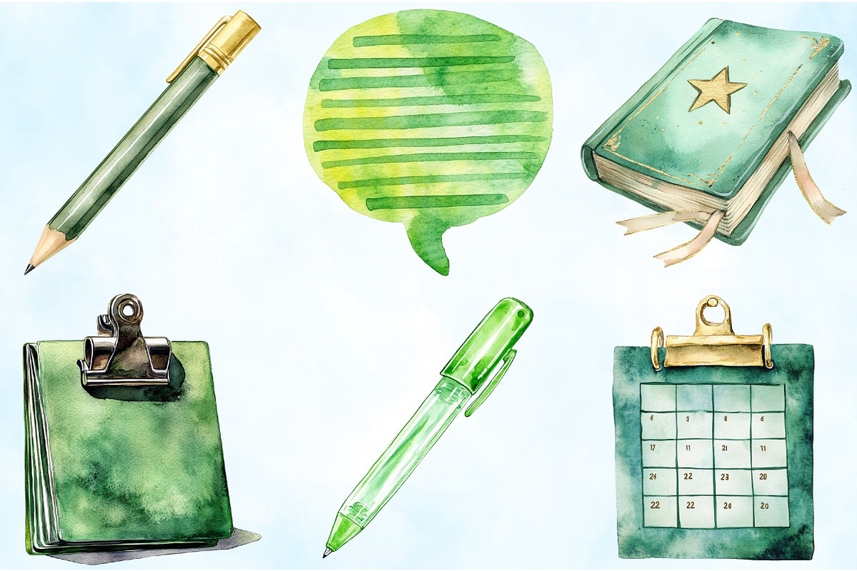 Watercolor Green Planner Clipart, an Illustration by Craft Nest (Photo 4 of 9)