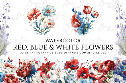 Red, Blue and White Flowers Clipart, a Decorative Illustration by BusyDaydesign