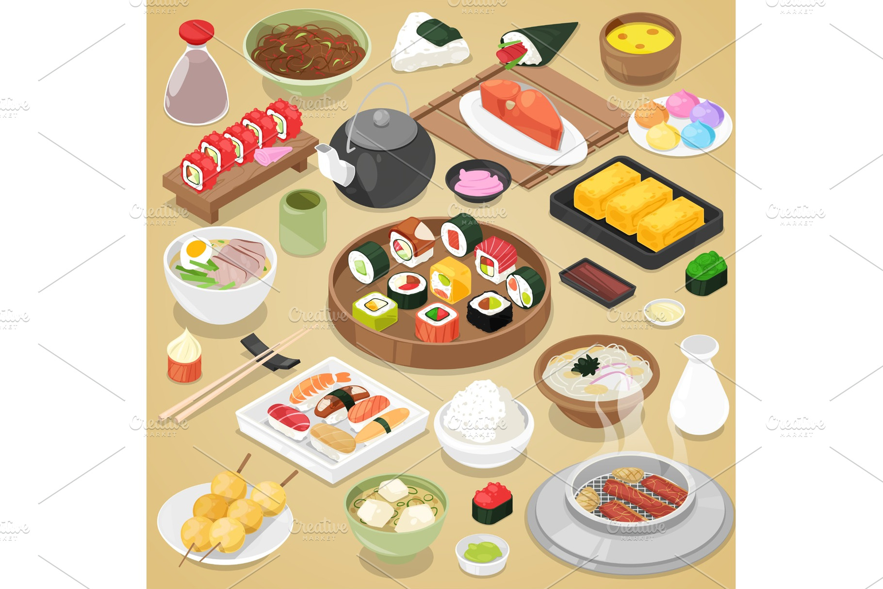 Japanese food vector eat sushi sashimi roll or nigiri and seafood with rice in Japan restaurant illustration Japanization cuisine with chopsticks set isolated on background, a Food & Drink Photo by RocketArt