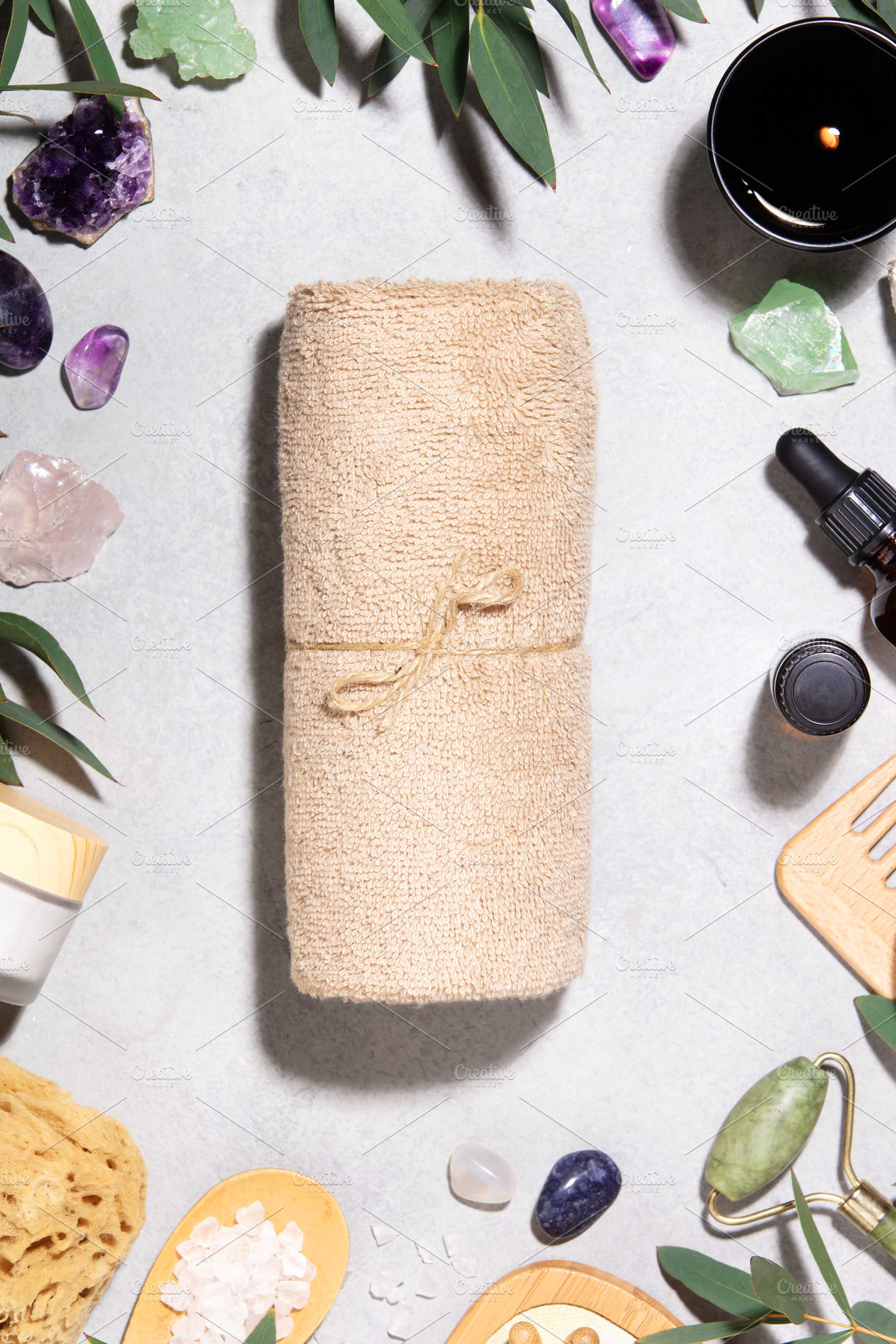 Spa Composition with Rolled Towels and Natural Wellness Accessor, a Beauty & Fashion Photo by Natalia Klenova's Shop