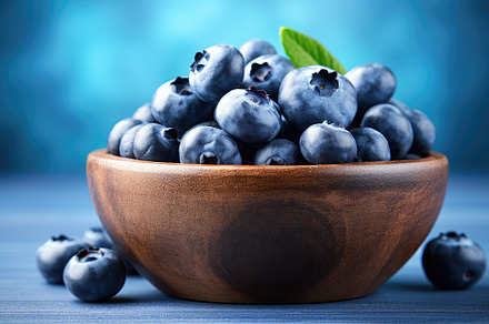 Fresh blueberries in wooden bowl on, a Photo by Iftikhar Alam