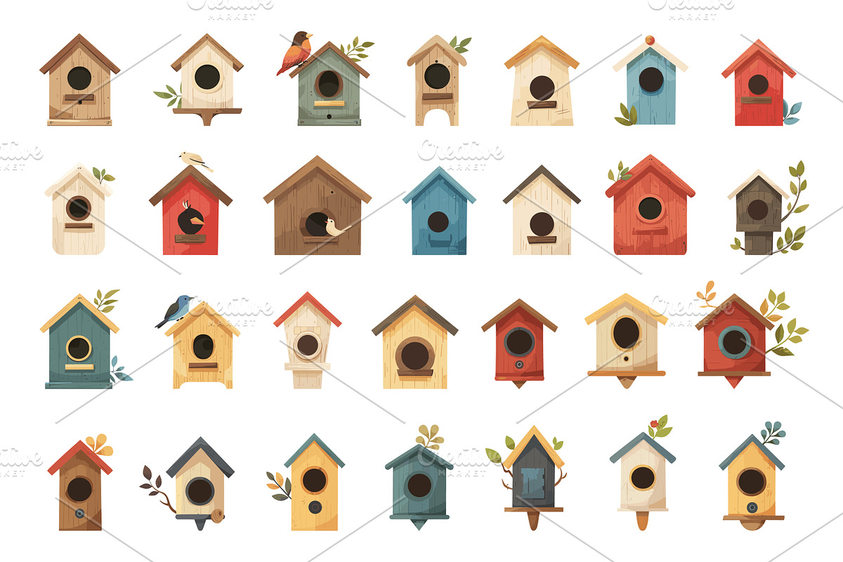 Minimalistic Wooden Birdhouses Set, an Animal Illustration by LadadikArt