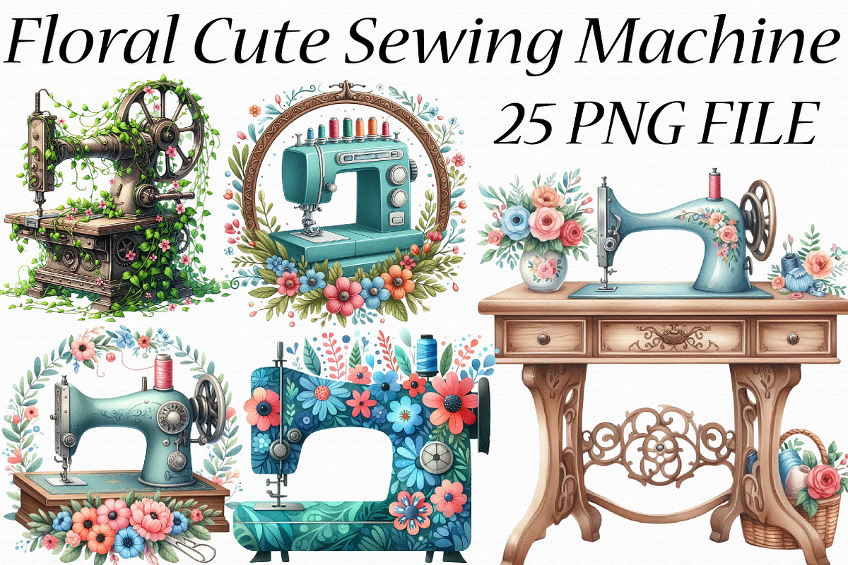 Floral Cute Sewing Machine Clipart, an Illustration by Libby Wishes (Photo 1 of 5)