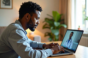 Man atient at home using a laptop for a telemedicine consultatio, a Health & Medical Photo by DanFLCreativo