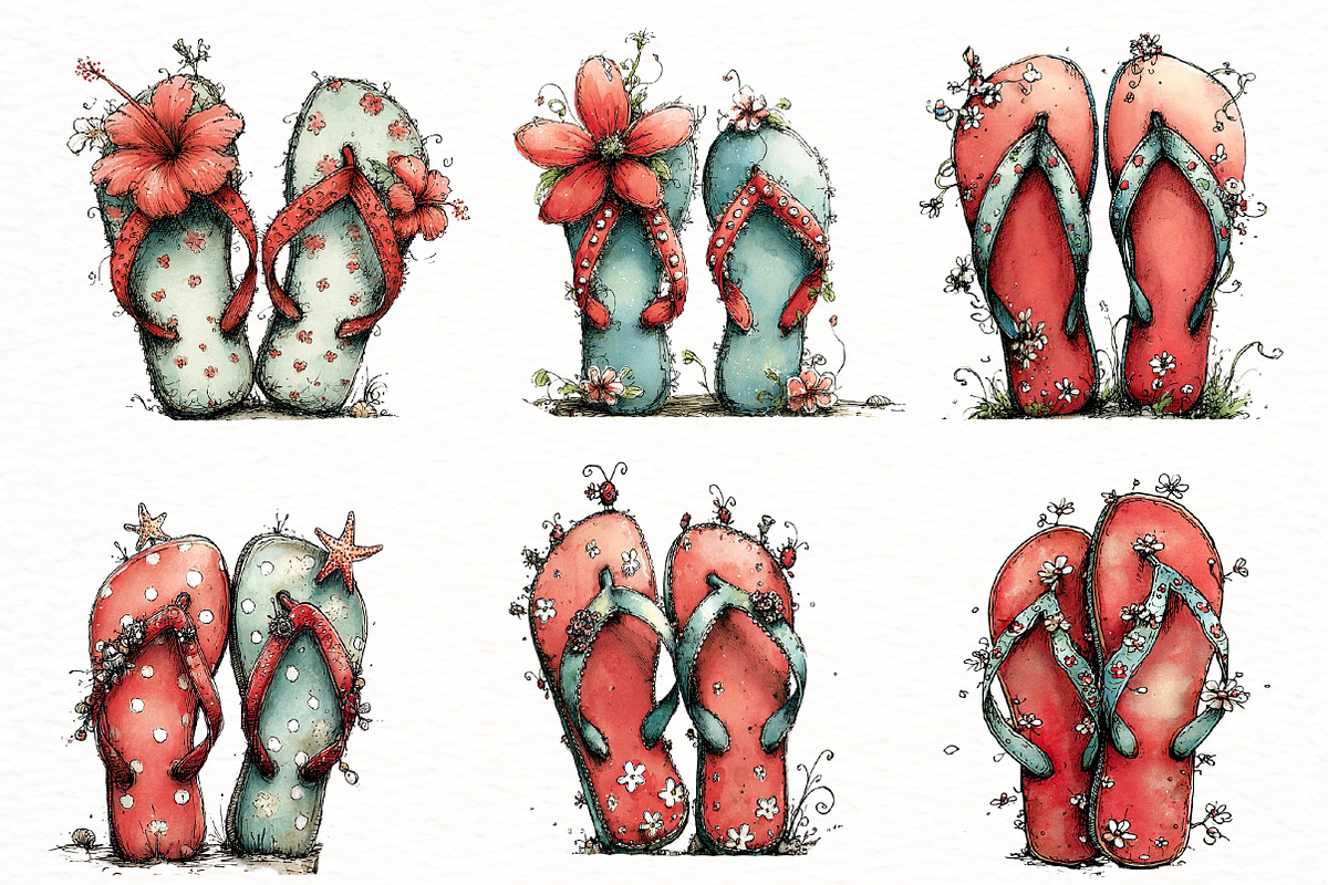 whimsical summer flip flops clipart, an Illustration by Designworld (Photo 4 of 6)