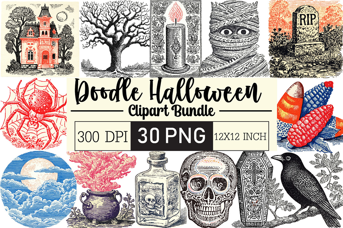 Watercolor Doodle Halloween Clipart, an Illustration by Black Bird Studio (Photo 1 of 6)