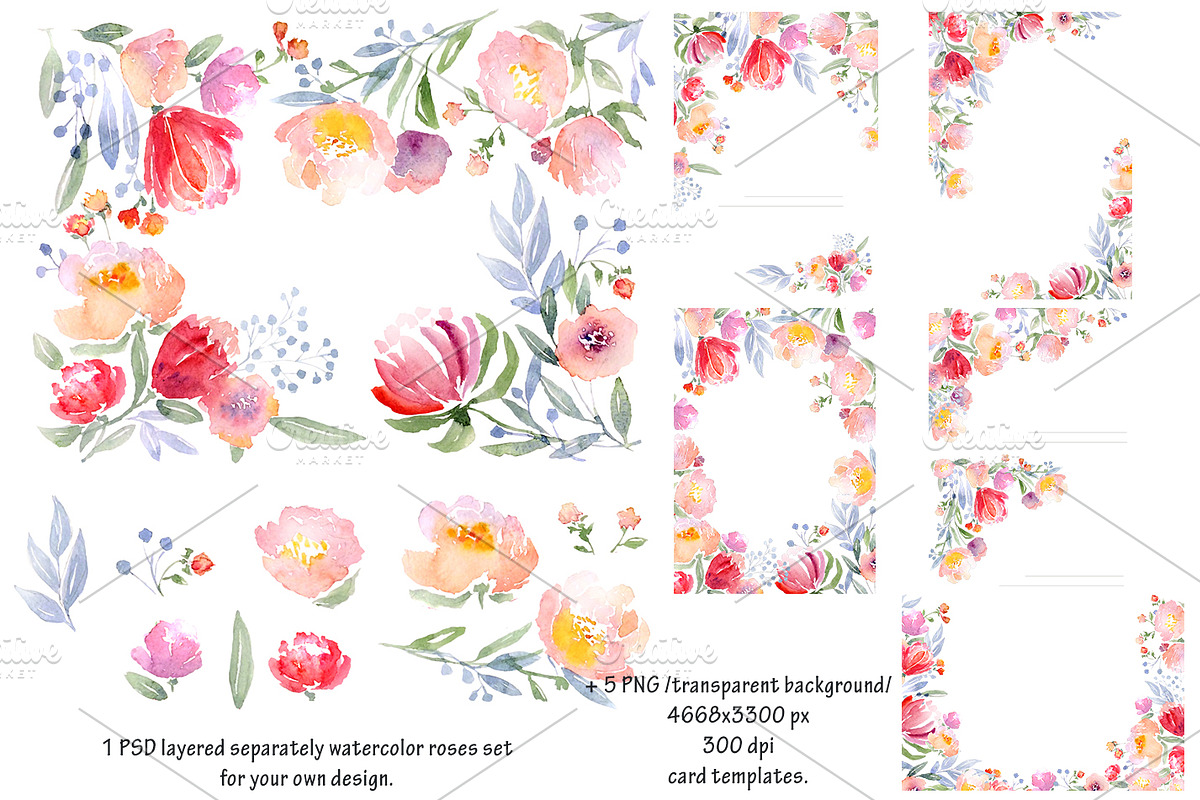 Watercolor DIY roses graphics set, a Card Template by Mockup Up!