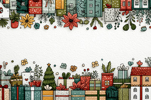 Festive Christmas border with colorful gifts, plants, houses, po, a Nature Photo by José Manuel Gelpi