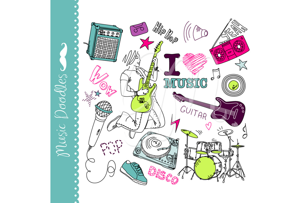 Music clip art, collage set, doodles, an Illustration by GraphicMarket