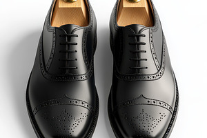 Elegant Black Brogue Shoes on Wooden, a Beauty & Fashion Photo by Pixeness Studio