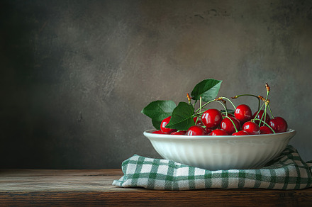 Delicious ripe red cherries in a white ceramic bowl on a rustic, a Food & Drink Photo by AlyaAnd