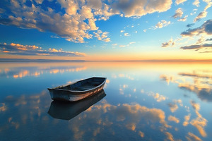 Beautiful sunset over calm water with a solitary boat floating peacefully, a Photo by AlyaAnd