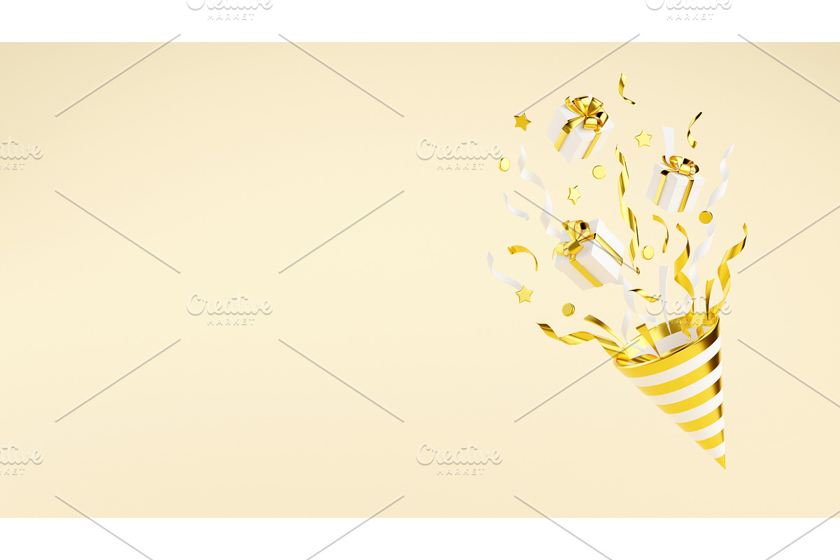 Golden party popper with flying, a Textures & Material 3D Model by YuliiaOsadcha